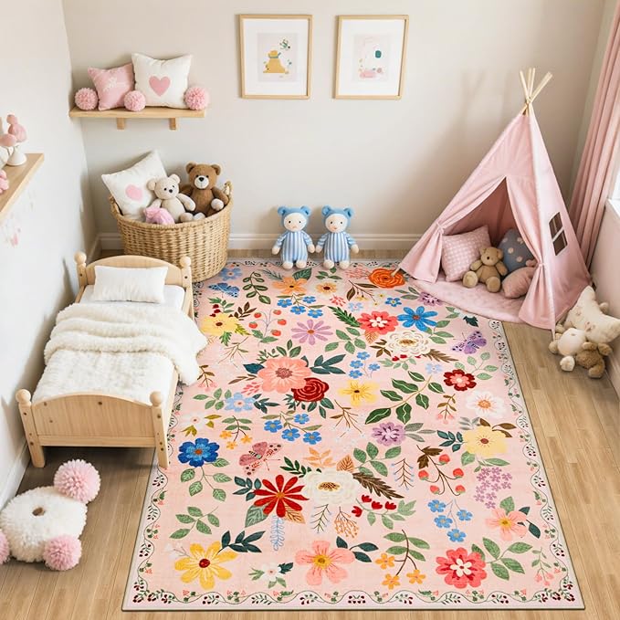10x12 Area Rugs for Living Room: Floral Washable Rug Vintage Large Soft Boho Non-Slip Carpet Stain Resistant Low Pile Carpets for Bedroom Dining Room Farmhouse Nursery Hallway Home Office Beige