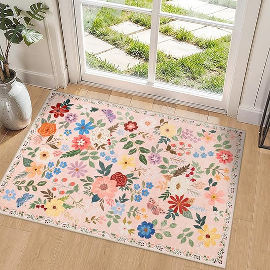 Entryway Rug 2X3 Small Rugs: Floral Washable Door Mat Vintage Soft Low Pile Non-Slip Kitchen Rugs Stain Resistant Indoor Throw Rug for Entrance, Bedroom, Kitchen, Laundry, Bathroom Beige