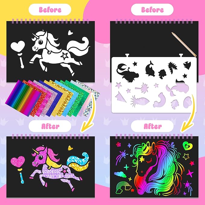 homicozy Art & Craft Activity for Kids: Foil Fun Unicorns and Princess & Scratch Art Book 2-in-1,No Mess Art Crafts for Girls,DIY Creative Activity Kit,Gifts for Girls Ages 4,5,6,7,8,9, Travel Toys