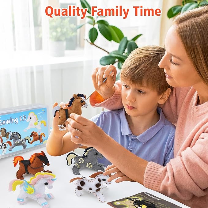 Flying Childhood Horse Sewing Kit for Kids Adults, Make 5 DIY Projects with Plush Stuffed Horse, Birthday Gifts Toys for Girls Boys Ages 8 9 10 11 12, Learn to Sew Kids Crafts