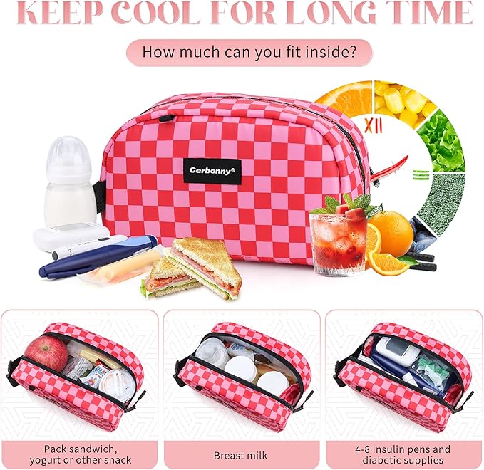 Cerbonny Small Cooler Bag Freezable Lunch Bag for Work School Travel, Leak-proof, Insulated, Waterproof, Portable, Pink Checkerboard, 2.5L