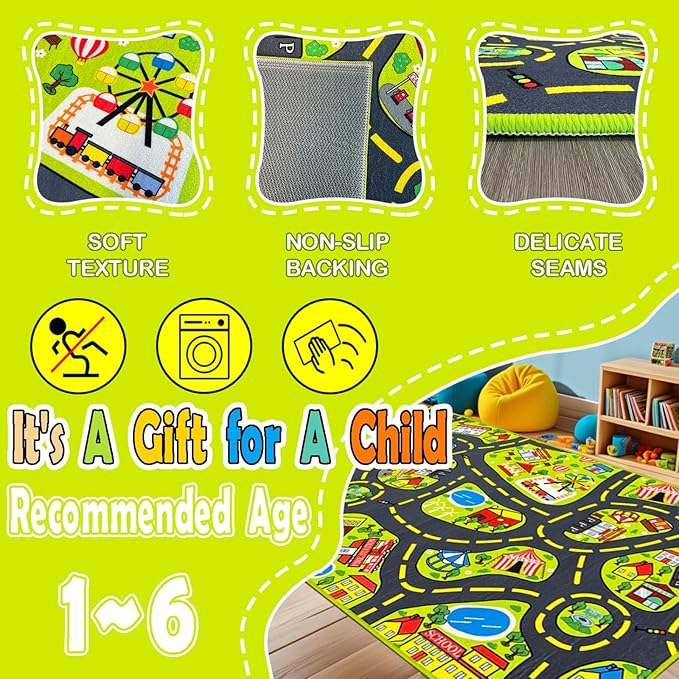 Car Rug 2.6x5 Feet, Car Mat for Kids Race Track Rug Road Play Mat with Roads City Map Design