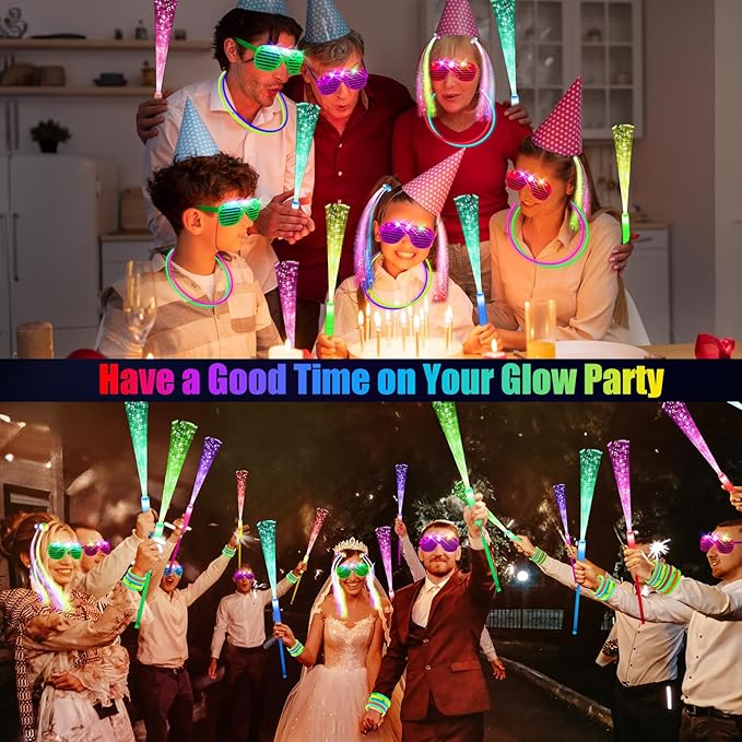 148 PCS Glow in the Dark Party Supplies, 16 Fiber Optic Wands, 14 LED Glasses, 100 Glow Sticks and 18 LED Hair Clips Fiber Optic for Neon Party, Wedding, Birthday, Concert, New Year