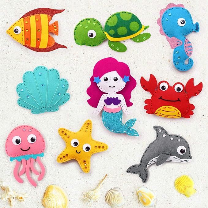 CiyvoLyeen Sea Animals Sewing Kit Mermaid DIY Felt Plush Craft Kit Make Your Own Ocean Animals Gifts for Beginner Boys and Girls Educational Kids Art Craft Supplies Set of 12