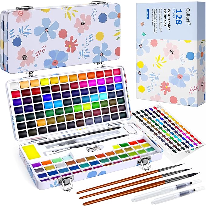 Caliart Watercolor Paint Set, 128 Colors with 4 Brushes Metallic Color Palette Kit, Portable Travel Watercolors Painting Gifts for Adults Kids Teen Girls Boys Art Supplies