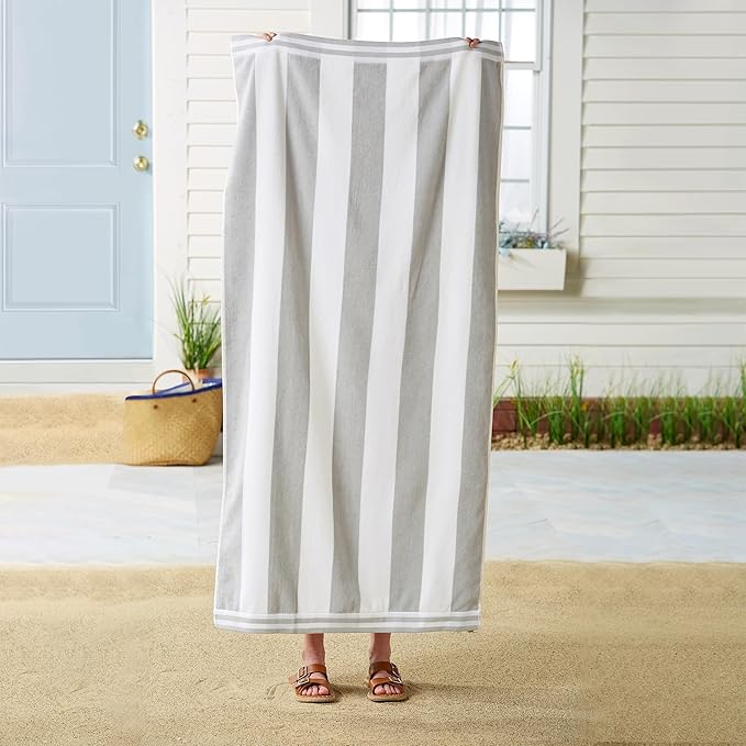 Great Bay Home 100% Cotton Velour 4 Pack Beach Towels 30" x 60" - Grey Cabana Stripe Pool Towels - Quick Dry, Large Swim Towels