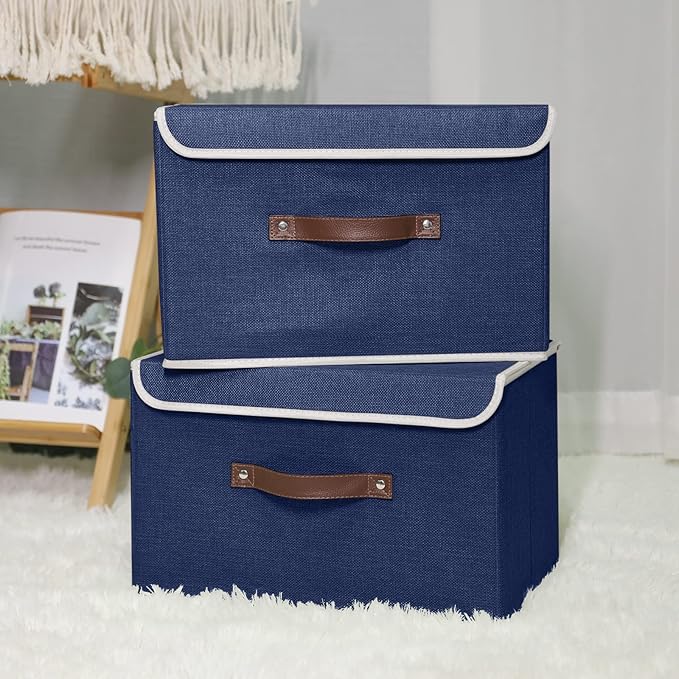 ANMINY 4PCS Storage Bins with Lid PU Leather Handles Storage Boxes PP Plastic Board Decorative Foldable Lidded Cotton Linen Fabric Home Cubes Baskets Closet Organizer Containers - Blue, Large Size