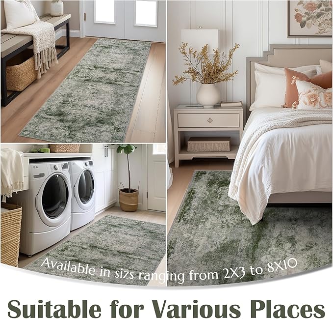 jinchan Hallway Runner Rug 2x10 Vintage Floral Distressed Design - Machine Washable Non-Slip Low-Pile Soft Thin Faux Wool Kitchen Carpet for Farmhouse Bedroom Laundry Room (2x10ft, Forest Green)