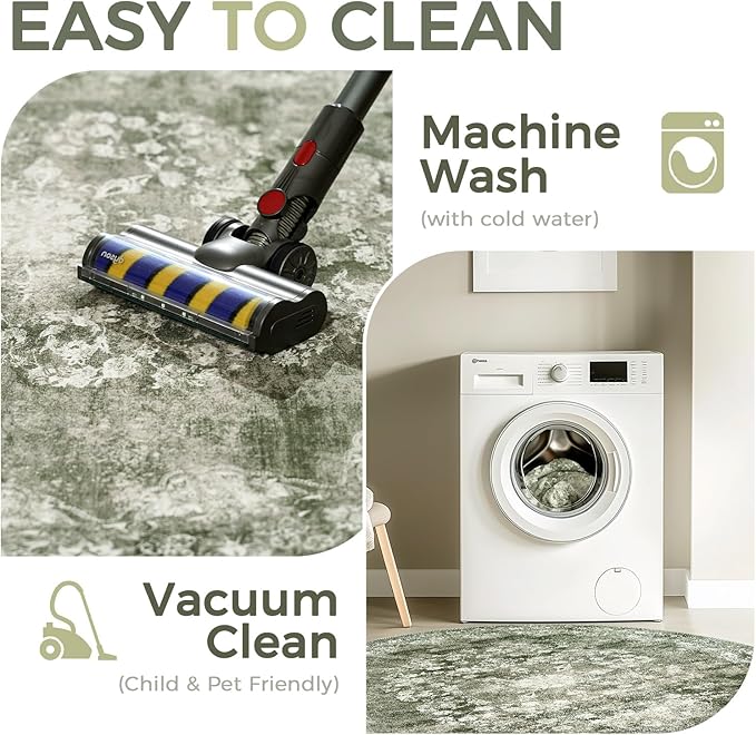 jinchan Round Rug 6ft Area Rug - Green Vintage Floor Mat Kitchen Indoor - Washable Circle 6' Thin Floral Print Carpet Retro Farmhouse Non Slip Dining Room Living Room Bedroom Office