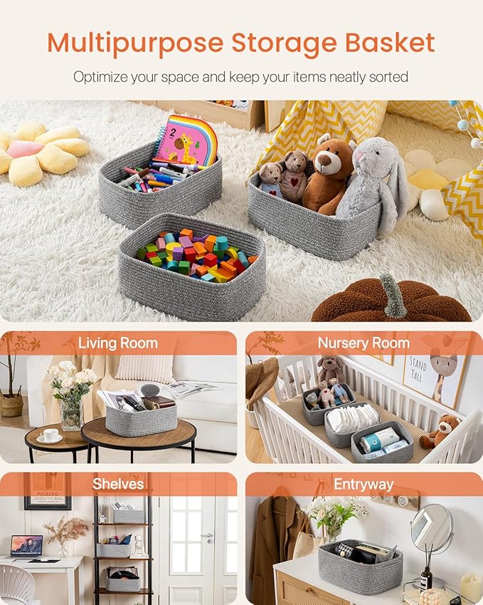 KALLAX Small Woven Basket, 13.5 x 9.5 x 5 Inches, Storage Basket for Organizing, Cute Small Rope Shelf Closet Cube Storage Bins Baskets for Shelves, Dog Toy Gift Baskets Empty, 3 Packs, Mixed Grey