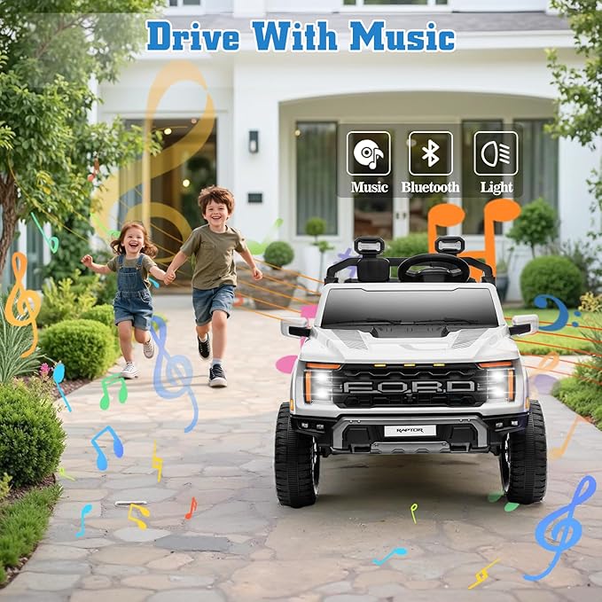 24V Ride on Car Licensed Ford F-150 Raptor, Kids Electric Car with Remote Control, LED Light/Music/MP3, Truck Bed Storage, 3-Point Seat Belt (24V, White)