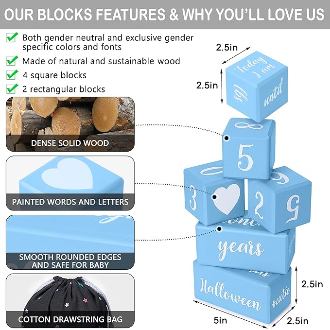 Blue Baby Monthly Milestone Blocks. Baby Age Blocks for Girl or Boy Baby Photo Props and Baby Shower. Month Baby Milestone Blocks with Grammatically Correct Month and Year