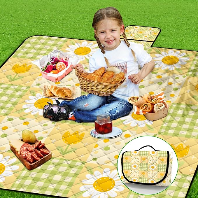Extra Large Picnic Blanket Waterproof,80"x 80"Foldable Machine Washable Beach Blanket,Outdoor Blanket for 6-8 Adults,Suitable for Indoor Crawling,Park Beach,Camping,Hiking,Family Travel(Sunflower)