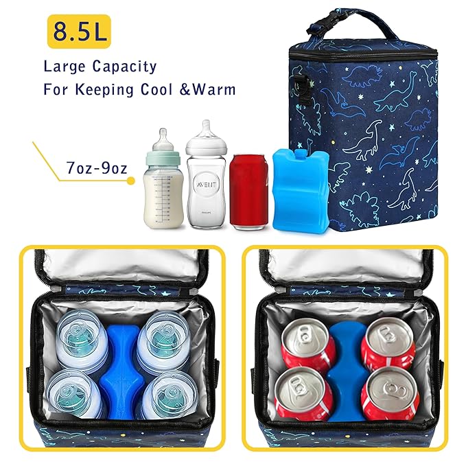 Breastmilk Cooler Bag with Ice Pack Fits 4 Bottles Up to 9 Ounce - Insulated Baby Bottle Cooler for Nursing Moms on the Go with Strap