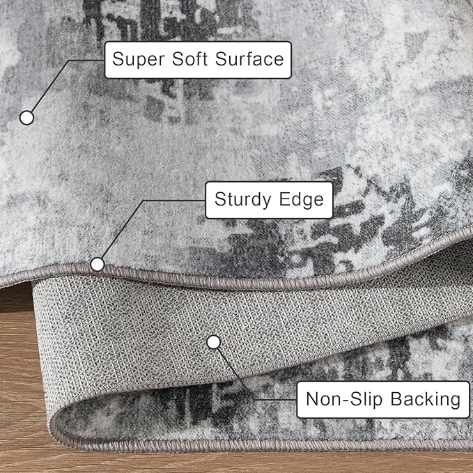 Entryway Rug 2x3 Grey Rug, Washable Abstract Small Rugs Non-Slip Low Pile Throw Rugs for Kitchen Floor, Front Door, Bedroom Bedside