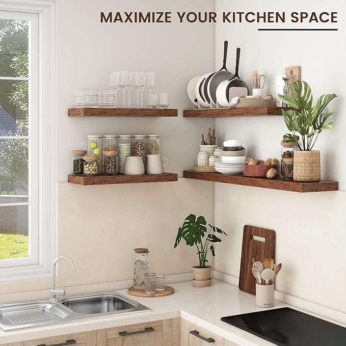 Floating Shelves - 2 Large Wall Mounted Shelves with Invisible Brackets, Long Wood Floating Wall Shelf for Living Room, Bedroom, Kitchen, (Brown, 24" W x 9" D x 1.5" H)