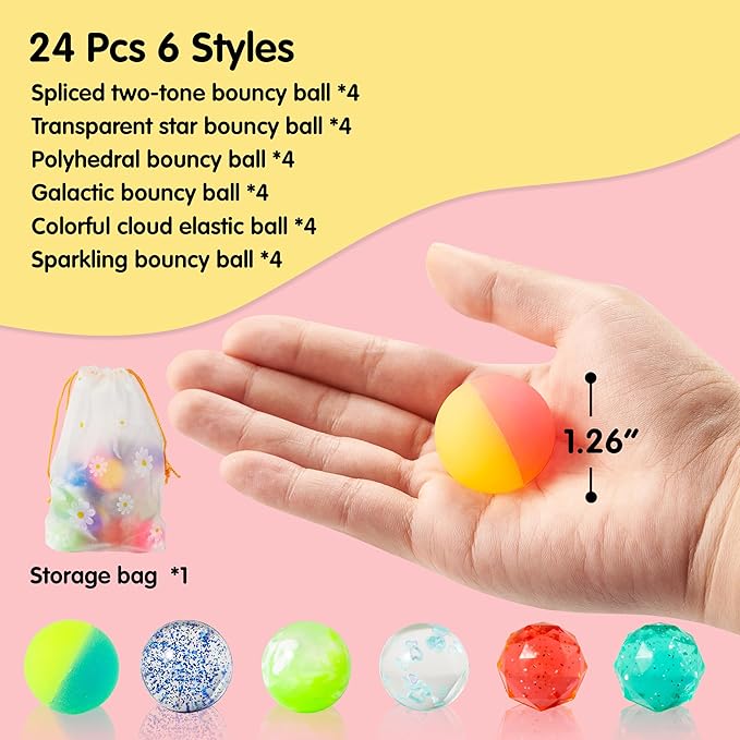 JOYIN 24 PCS Multistyle Bouncy Balls, 6 Styles 32mm Assorted Bouncy Balls Bulk with Storage Bag, Bounce Toys for Kids Party Favors Birthdays Gifts Goodie Bags Stuffers Carnival Prizes