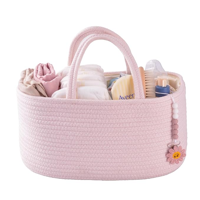 Baby Diaper Caddy Organizer for Girl Boy Rope Nursery Storage Bin Basket Portable Holder Tote Bag for Changing Table Car Travel Baby Shower Gifts Newborn Essentials Registry Must Have Items Pink