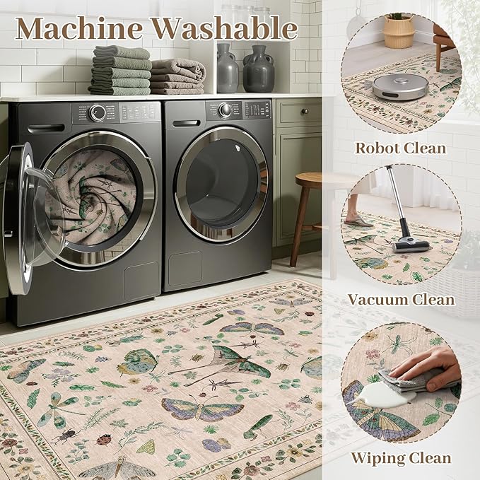 8x10 Area Rugs with Insect Print - Bug Rug Non-Shedding Stain Resistant Soft Carpet for Bedroom, Low Pile Ultra-Thin Machine Washable Carpet for Dining Room, Kids Nursery, Office (8'x10' Beige)