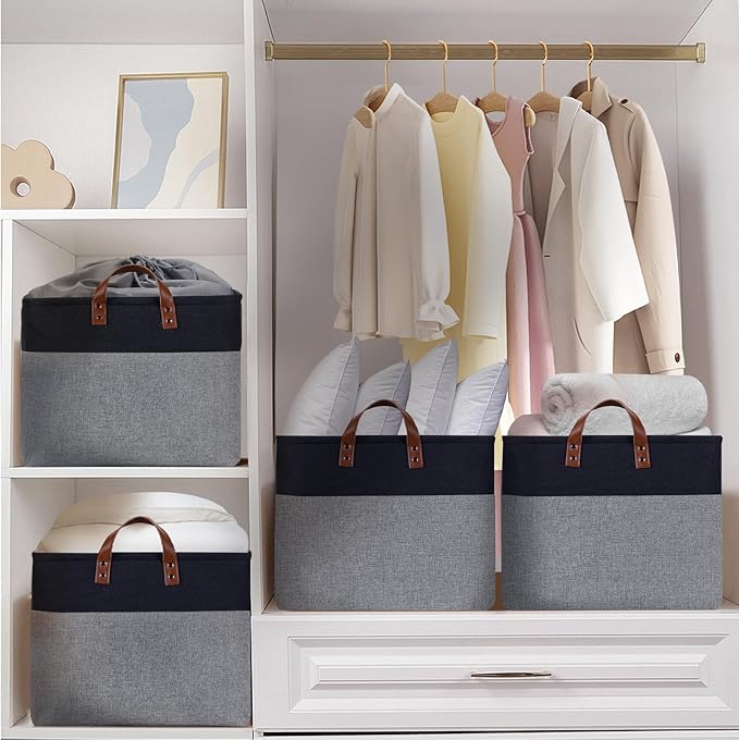 DULLEMELO Extra Large Storage Basket 22X15, 70L Foldable Fabric Toys Baskets Organizer Bins, Black&Grey