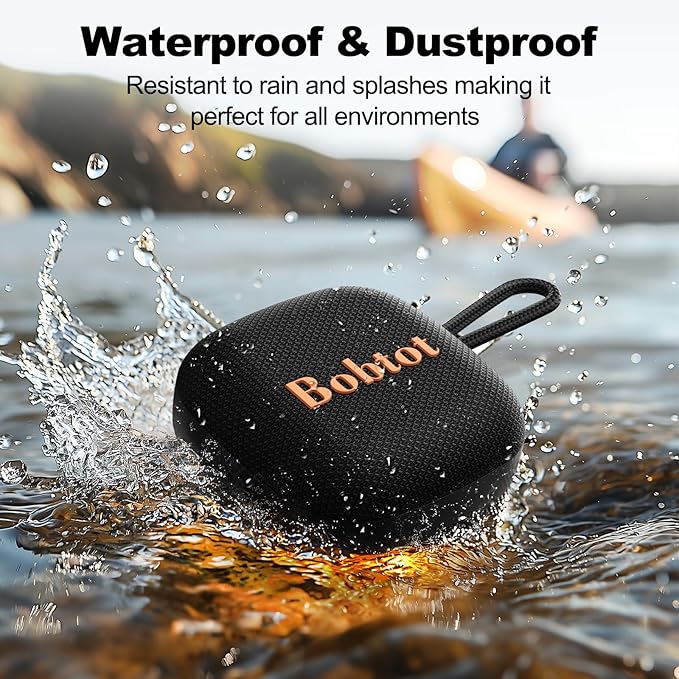 Bobtot Portable Bluetooth Speakers Wireless, IPX7 Waterproof Mini Speaker with 16 Hours Playtime, Loud Stereo Sound, TWS, Built-in Microphone, Small Size for Travel Sport, Black