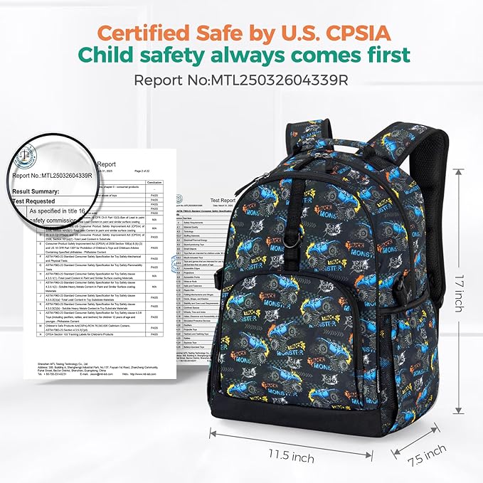 Choco Mocha Gamer Backpack for Boys, Elementary School Backpack for Boys Ages 6-8 Kids Kindergarten Backpack Bookbag 17 Inch with Chest Strap, Black