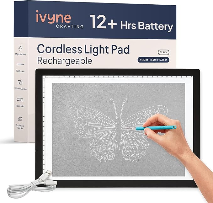 iVyne Rechargeable A4 Light Pad for Tracing & Weeding - LED Light Board for Weeding Vinyl - for Cricut Vinyl Weeding Tools - Ultra-Thin & Portable - Perfect for Artists & Crafters - Black