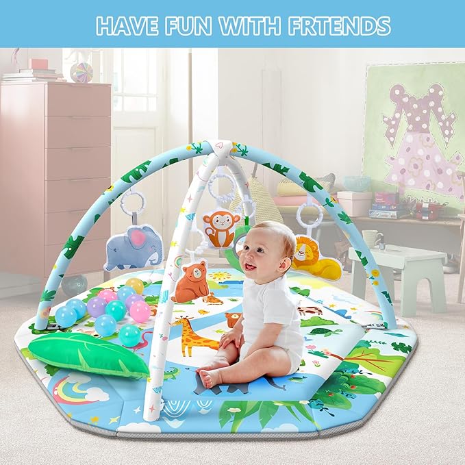 Baby Gym Play Mat, 8-in-1 Tummy Time Mat & Activity Gym Mat Ball Pit with Detachable Toys, Washable Infant Play Mat for Visual, Hearing, Sensory, Motor Development, Newborn Baby Toys Gift for Toddler 0-3-6-9-12 Months Easy to Install
