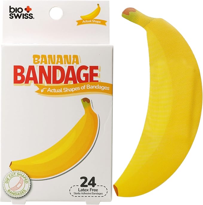 BioSwiss Bandages, Banana Shaped Self Adhesive Bandage, Latex Free Sterile Wound Care, Fun First Aid Kit Supplies for Kids, 24 Count