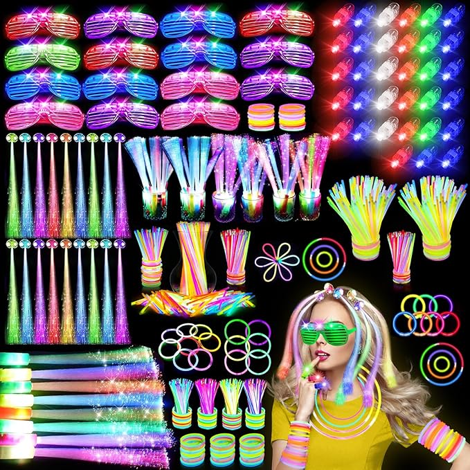 290 PCS Glow in the Dark Party Supplies, 200 Glow Sticks, 24 Fiber Optic Wands, 15 LED Glasses, 33 Finger Lights and 18 LED Hair Clips for Wedding, Birthday, Concert, Raves, New Year