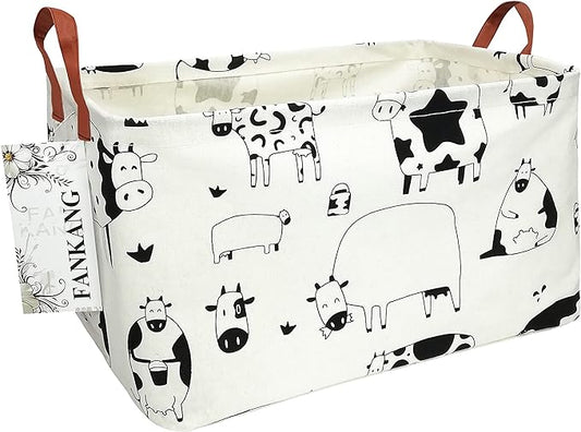 FANKANG Storage Basket,Nursery Hamper Canvas Laundry Basket Foldable with Waterproof PE Coating Storage, Office, Bedroom, Clothes,Toys(L, Rec-cows)