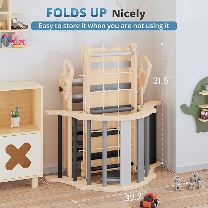 BlueWood 10-in-1 Pikler Triangle Set, Toddler Climbing Toys Indoor, Montessori Climber, Baby Jungle Gyms with Arch, Extra Rope Ladder & Footprint Balance Beam - Grey Twilight