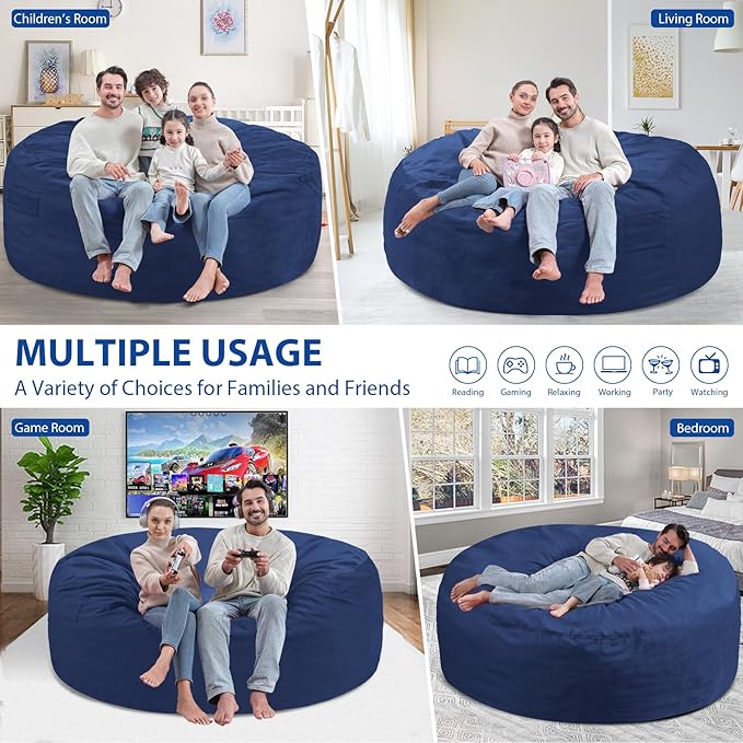 6FT Bean Bag Chair, Large Bean Bag Chairs with Memory Foam Filled, Fluffy Beanbag Sofa with Dutch Velvet Cover, Round BeanBag Chairs for Living Room, Playroom - Blue