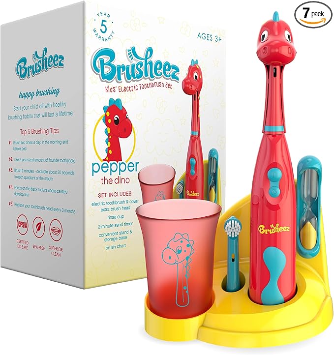Brusheez Kids’ Electric Toothbrush Set - Safe & Effective for Ages 3+ - Parent Tested & Approved with Gentle Bristles, 2 Brush Heads, Rinse Cup, 2-Minute Timer, & Storage Base (Pepper The Dino)