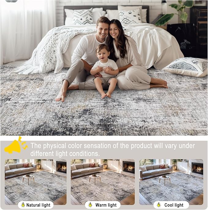 Area Rugs 9x12 Living Room - Washable Rug Modern Abstract Soft Large Neutral Non-Slip Carpet Indoor Floor Thin Carpets for Bedroom Dining Room Farmhouse Nursery Home Office Brown Black Grey