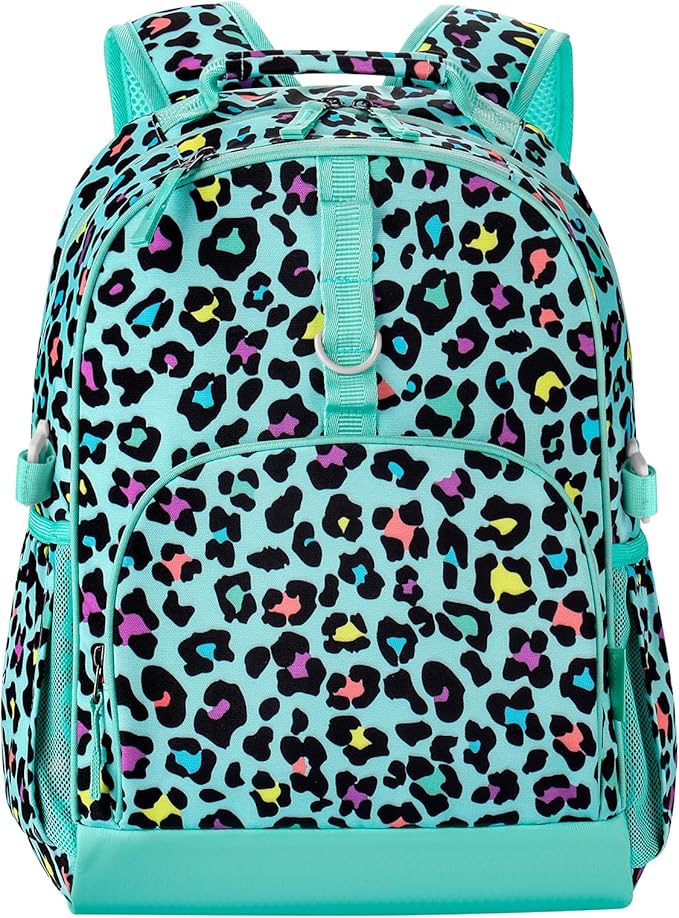 Choco Mocha Cheetah Backpack for Girls, Elementary School Backpack for Girls Ages 6-8 Kids Kindergarten Backpack Bookbag 17 Inch with Chest Strap, Green