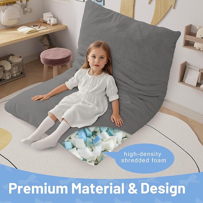 COMAX 3-in-1 Bean Bag Chair for Kids, Toddler Beanbag Bed, Convertible Child Floor Lounger, Floor Mattress with Filler for Girl Boy Sleeping Reading, Grey