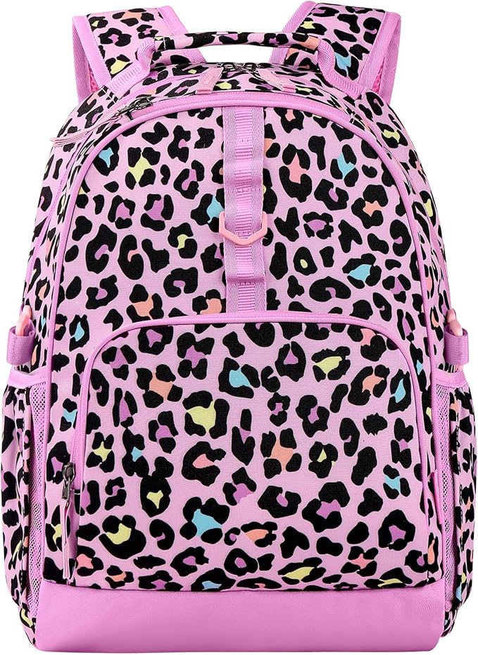 Choco Mocha Cheetah Backpack for Girls, Elementary School Backpack for Girls Ages 6-8 Kids Kindergarten Backpack Bookbag 17 Inch with Chest Strap, Pink