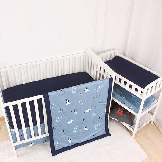 CaSaJa 4-Piece Crib Bedding Set for Boys and Girls, Nursery Baby Bedding Set Including Quilted Comforter with Fitted Crib Sheet and Changing Pad Covers, Reversible Quilt Design, Good Luck Puppy