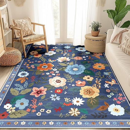 Floral 5x7 Area Rug Machine Washable Soft Print Boho Carpet Non Slip Doormat Low Pile Flower Area Rugs for Living Room Bedroom Nursery Kitchen Dining Room Indoor-Blue/Grey