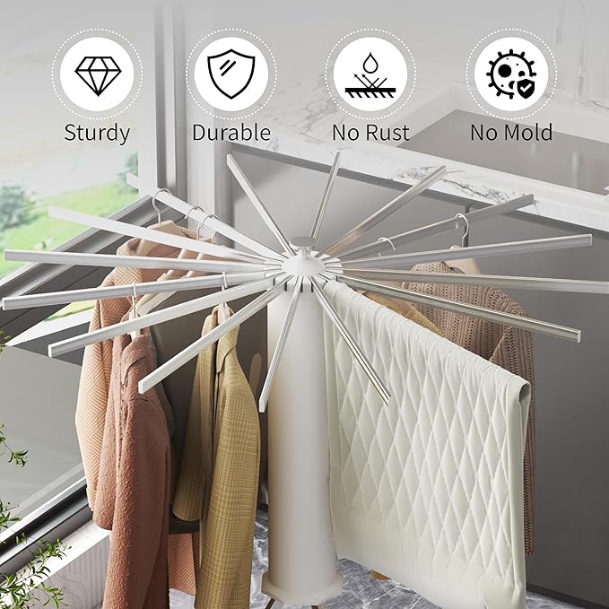 Foldable Tripod Clothes Drying Rack, Collapsible Laundry Drying Rack, Portable Octopus Laundry Stand with 16 Extendable Aluminum Rods White & Silver Space Saving Holder for Indoor Outdoor