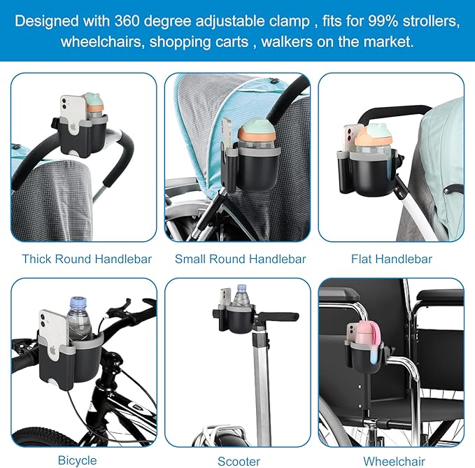 Accmor Stroller Cup Holder with Phone Holder, Bike Cup Holder, Universal Cup Holder for Uppababy Nuna Doona Strollers, 2-in-1 Cup Phone Holder for Stroller, Bike, Wheelchair, Walker, Scooter