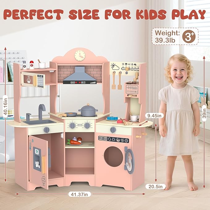 ANPABO Play Kitchen for Kids, Wooden Kitchen Playset w/Real Lights & Sounds, Coffee & Ice Maker, Microwave, Stove, 30Pcs Accessories Include Play Food, Pretend Play Set for Boys & Girls, Pink