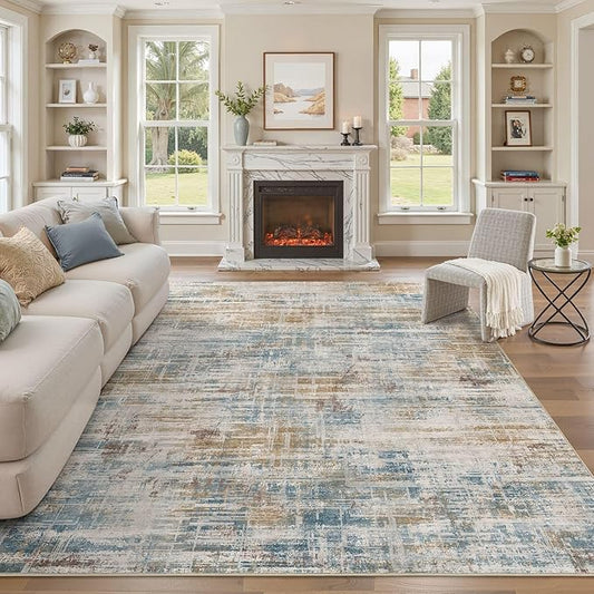 Area Rug for Living Room: 9x12 Washable Neutral Abstract Modern Soft Rugs Non Slip Indoor Floor Stain Resistant Large Carpet for Bedroom Dining Room Office Nursery - Blue Brown