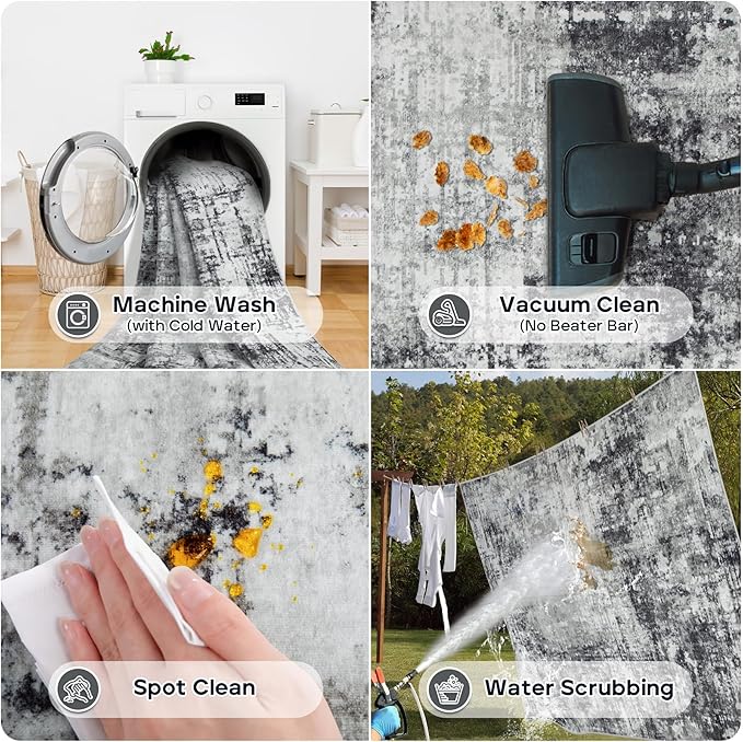 9x12 Area Rugs for Living Room Rug Washable: Modern Large Rug for Dining Room Bedroom Carpet Non Slip 9 by 12 Indoor Abstract Nursery Home Office Black Grey