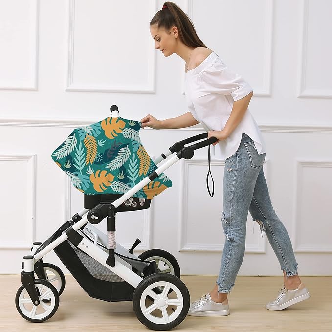Carseat Cover Boy and Girls - Multi-use Nursing Car Seat Canopy Cover for Breastfeeding, Infant Stroller Cover, High Chair Cover (Green Leaves)
