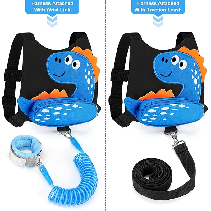 Accmor Toddler Harness Leash with Anti Lost Wrist Link, Cute Dinosaur Kids Harnesses Children Leashes, Baby Walking Harness Keep Child Close Wristband Strap for Boys Travel