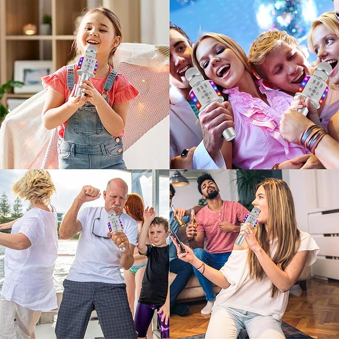 BONAOK Karaoke Microphone for Kids & Adults - Bluetooth Microphones Singing Mic with Disco Lights, Echo Effect, Built-in Speaker Portable Karaoke Player for Party Travel Gifts Q78(Silver)