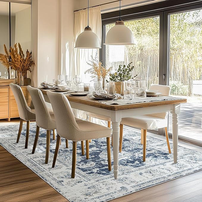 jinchan Vintage Floral 5x7 Area Rugs for Bedroom - Machine Washable Distressed Design Stain Resistant Boho Carpet Ultra-Thin Low Pile Non-Slip Rug for Living Room Dining Room Kitchen (5‘x7',Dark Blue)