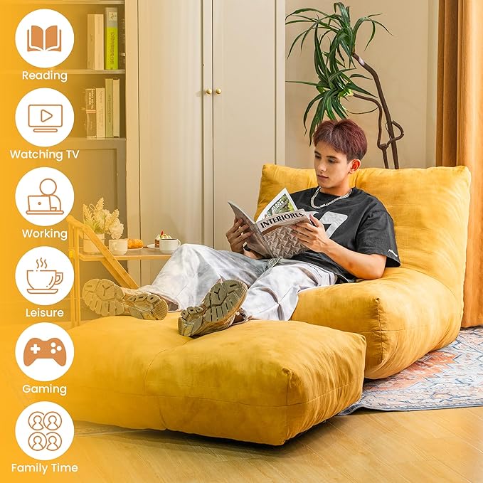 Bean Bag Chair with Ottoman, Comfy Bean Bag Sofa with Memory Foam, Lazy BeanBag Sofa with Footstool, Fireside Bean Bag Couch for Living Room, Bedroom, Apartment